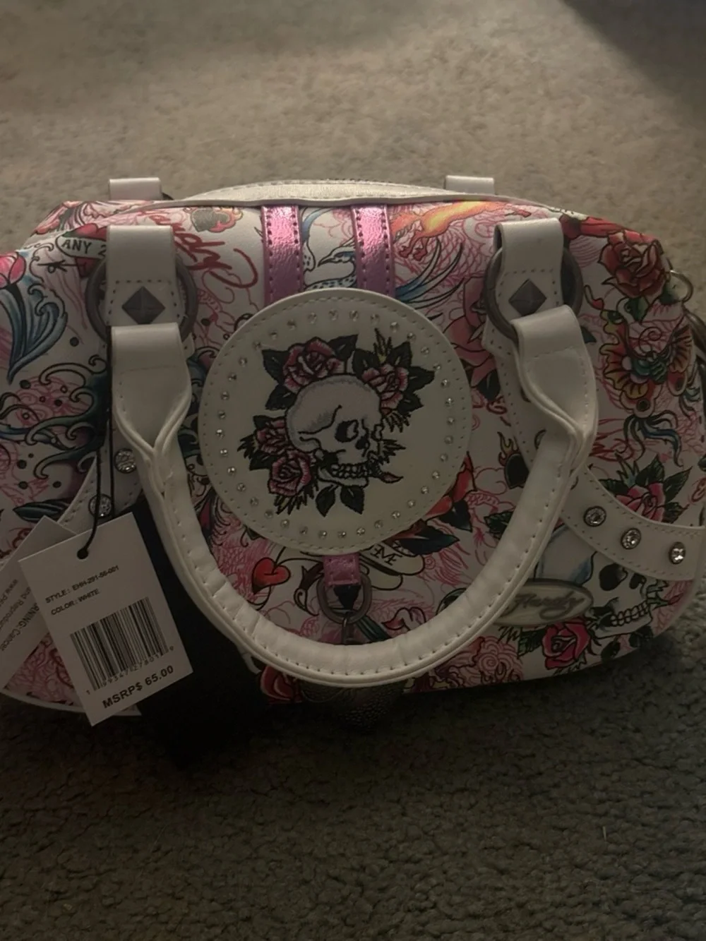 Ed Hardy White & Pink Skull Rose Satchel